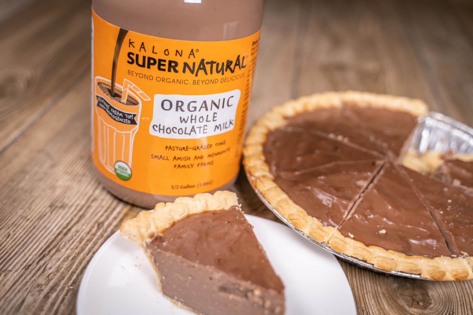 Slice of chocolate milk pie with Kalona SuperNatural whole chocolate milk