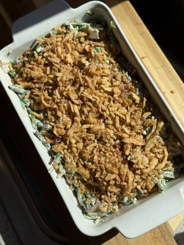 green bean casserole made with French Onion Dip