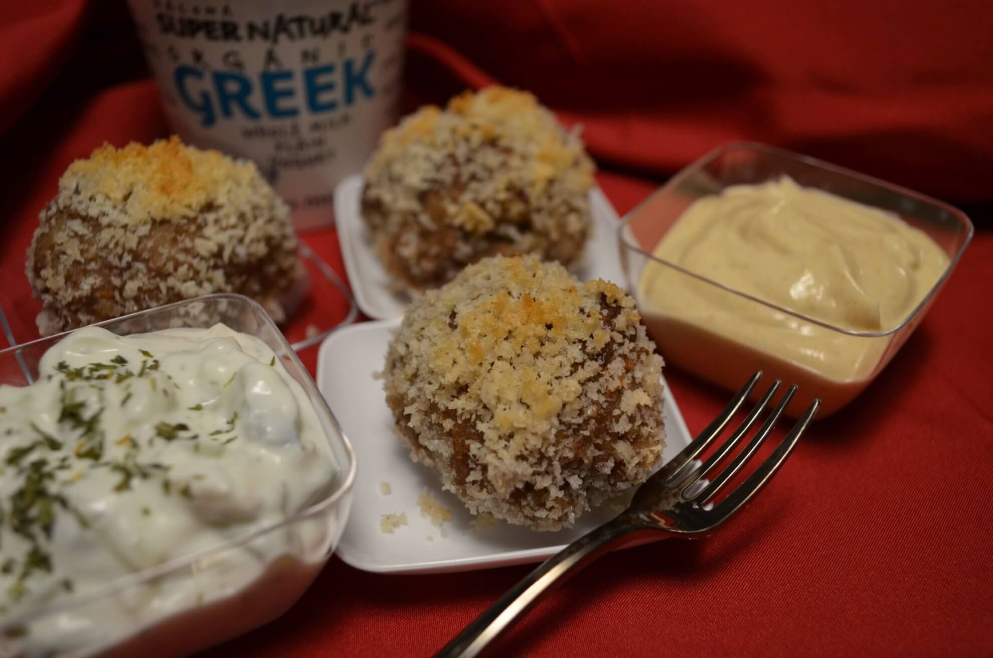 Meatballs with Cucumber and Sweet Curry Yogurt Dips