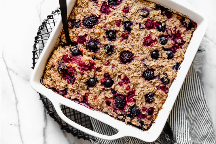 Baking dish of Very Berry Baked Oatmeal - ready to serve.