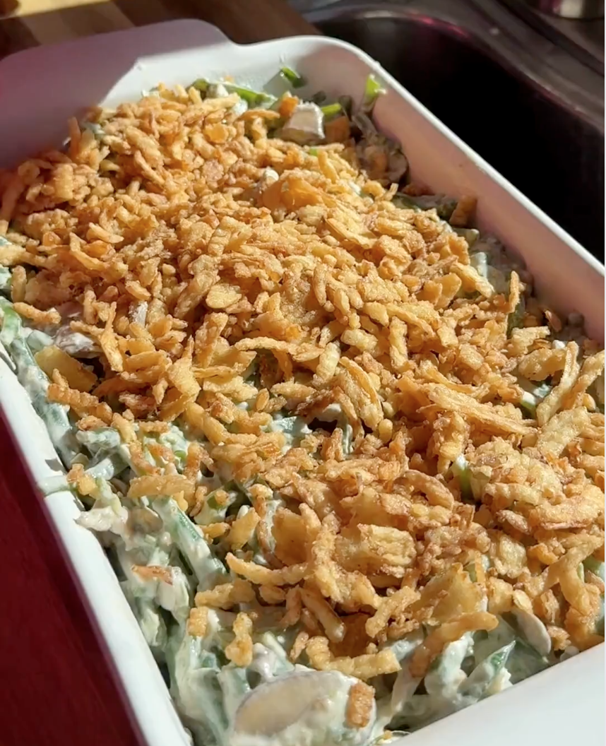 French Onion Green Bean Casserole uses organic french onion dip instead of cream of mushroom soup to add flavor!