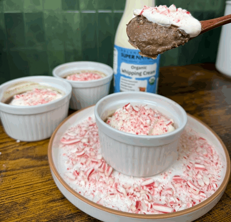Rich Chocolate Pots de Crème made with Kalona SuperNatural Organic Whole Milk and Whipping Cream, topped with peppermint whipped cream.