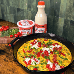 This spring vegetable frittata is a simple, one-pan meal made with Kalona SuperNatural Cottage Cheese and Whole Milk
