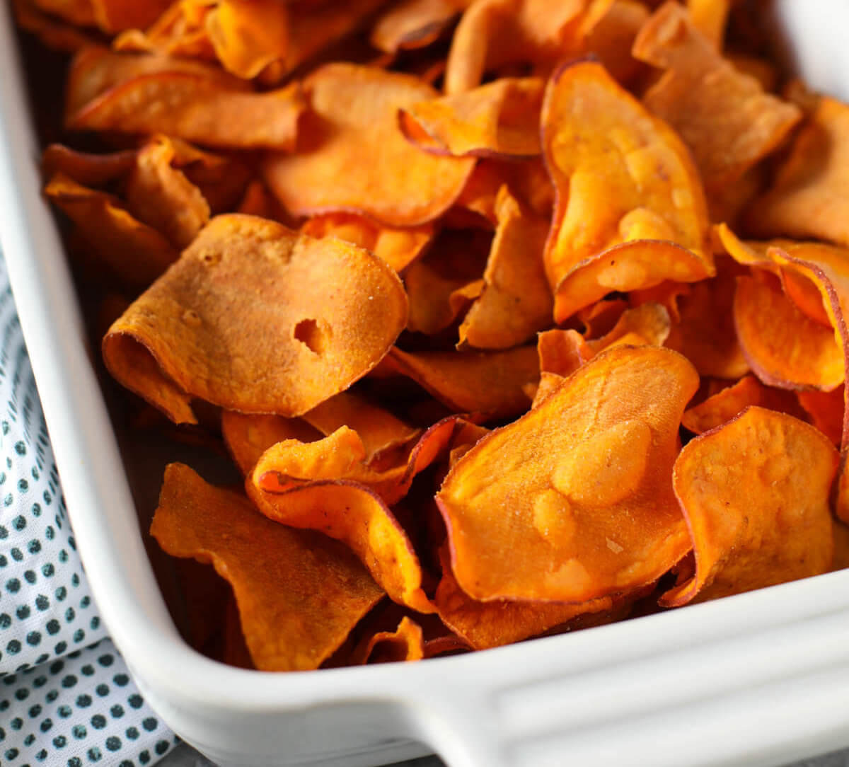 Homemade Sweet Potato Chips in baking dish.