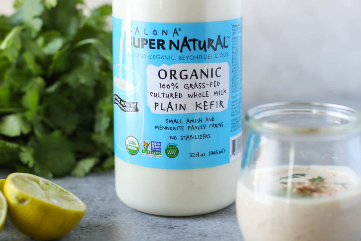 Kalona SuperNatural Organic Plain Kefir with jar of southwestern ranch dressing.