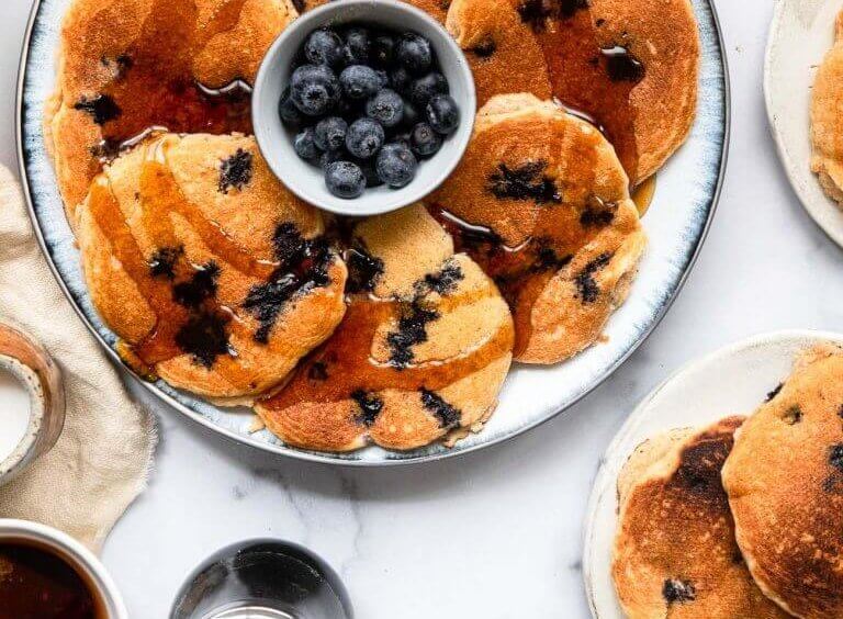 Plate of blueberry kefir pancakes