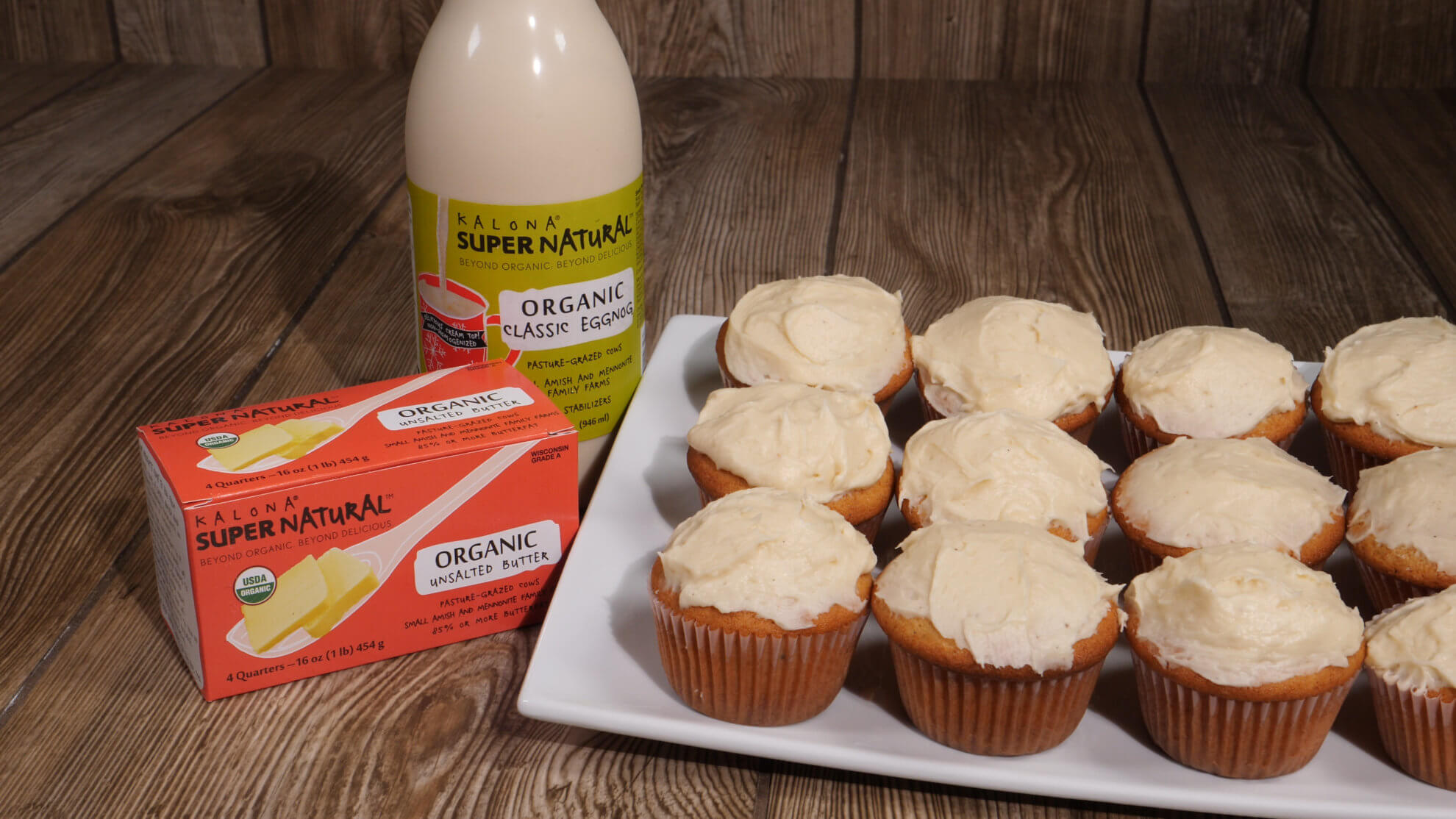 Frosted eggnog cupcakes with Kalona SuperNatural eggnog and butter.