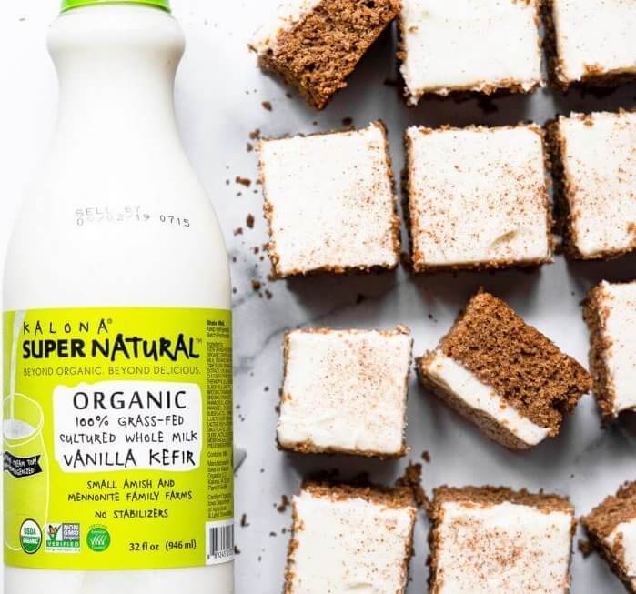 Gluten-free gingerbread cake bars with Kalona SuperNatural vanilla kefir