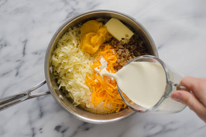 Butternut Squash Mac and Cheese ingredients in pot